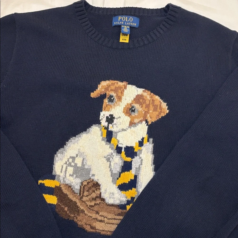 Pre-owned Polo Ralph Lauren Kids' Blue Dog-Print Sweater Boys XL (18-20) - Picture 4 of 6